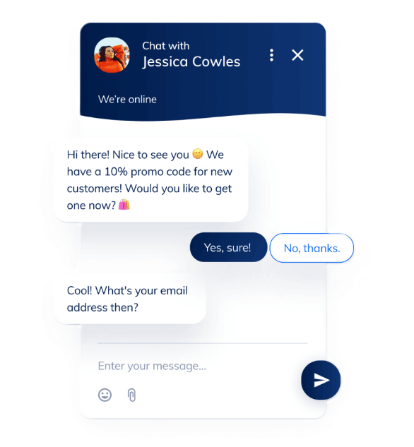 Interface de chat en direct offrant un code promo et demandant l'email de l'utilisateur