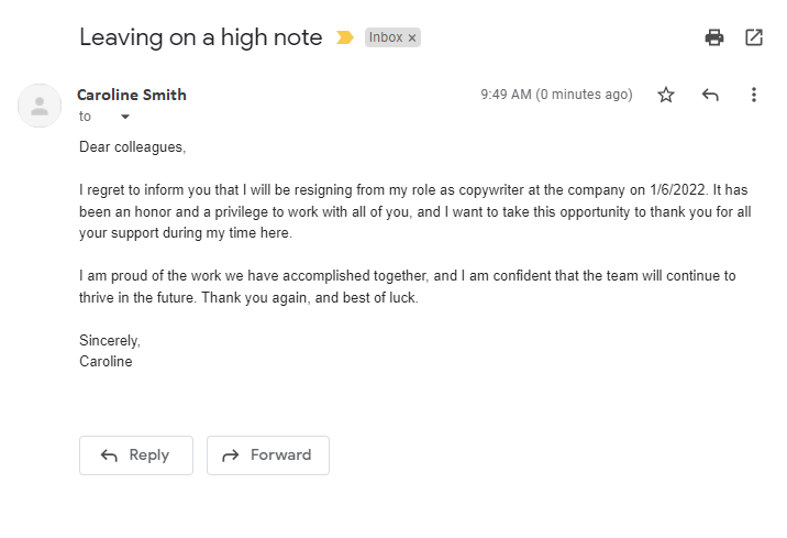 Exemple d'email de démission