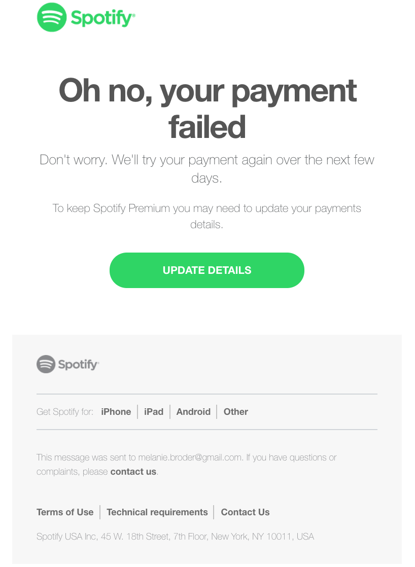 Exemple d'e-mail de relance Spotify
