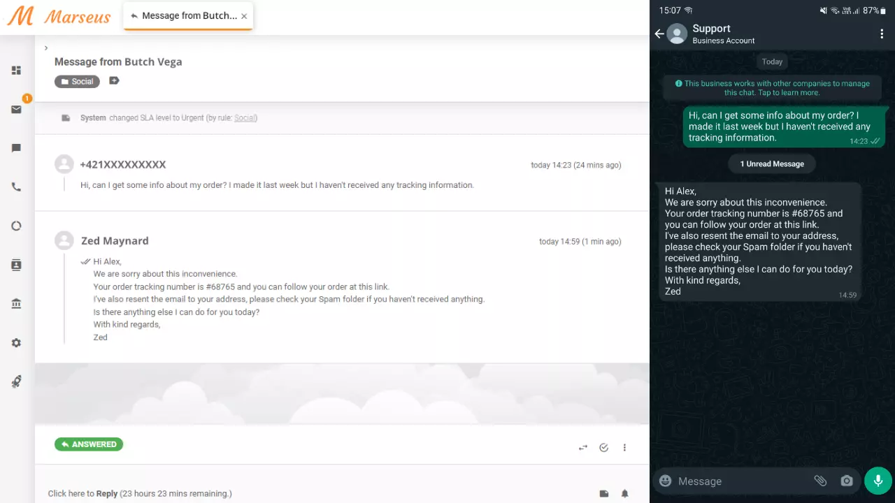 WhatsApp message shown as a ticket in LiveAgent