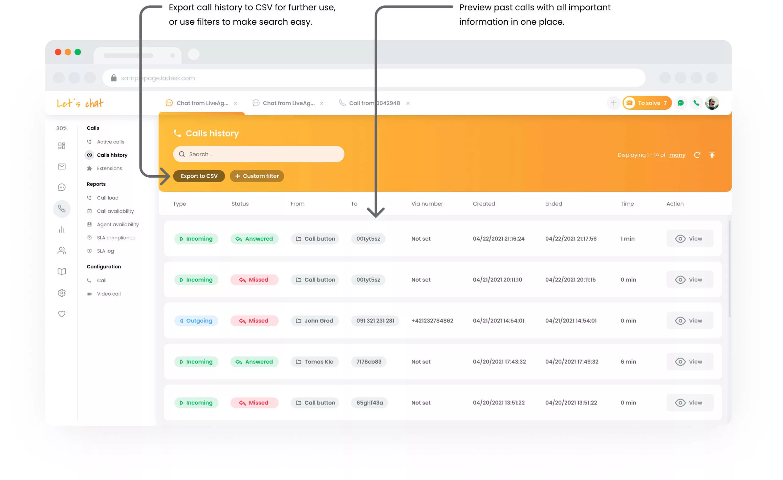 Historique des appels LiveAgent
