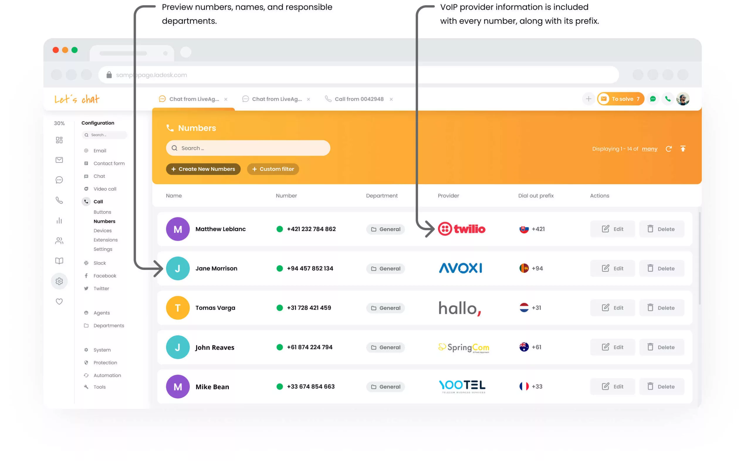 Configuration des numéros du centre d'appels LiveAgent