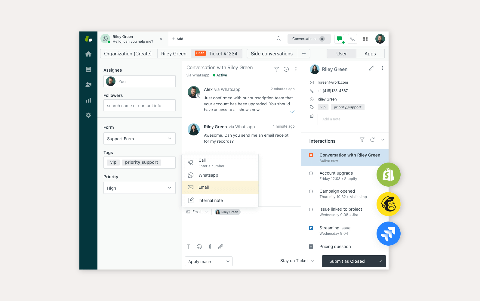 Interface du centre d'appels Zendesk