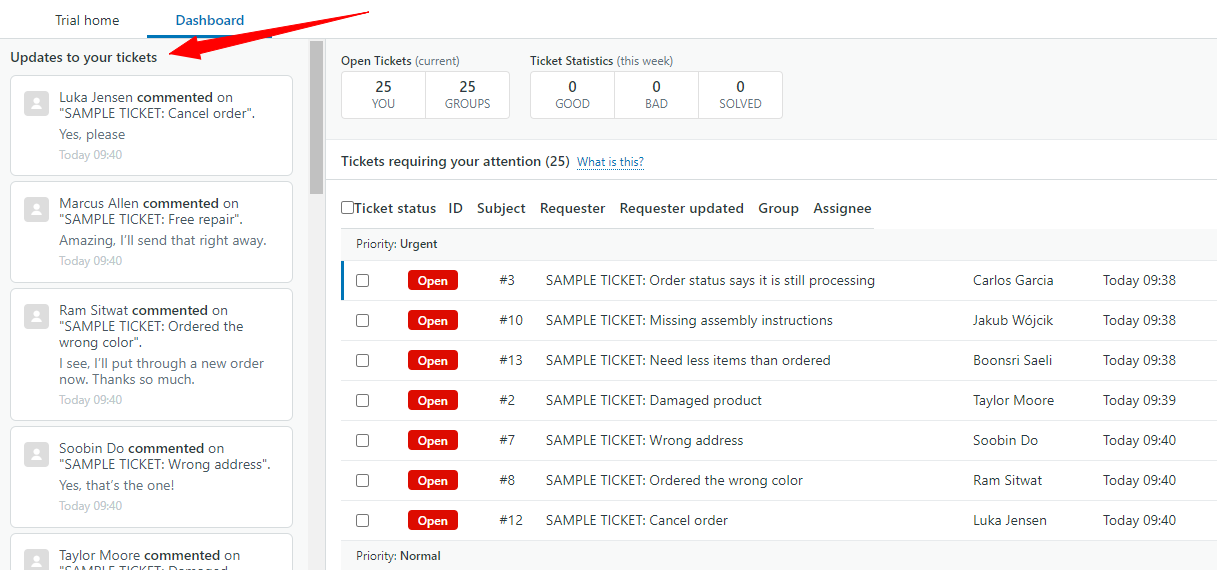 Capture d'écran des mises à jour des tickets Zendesk