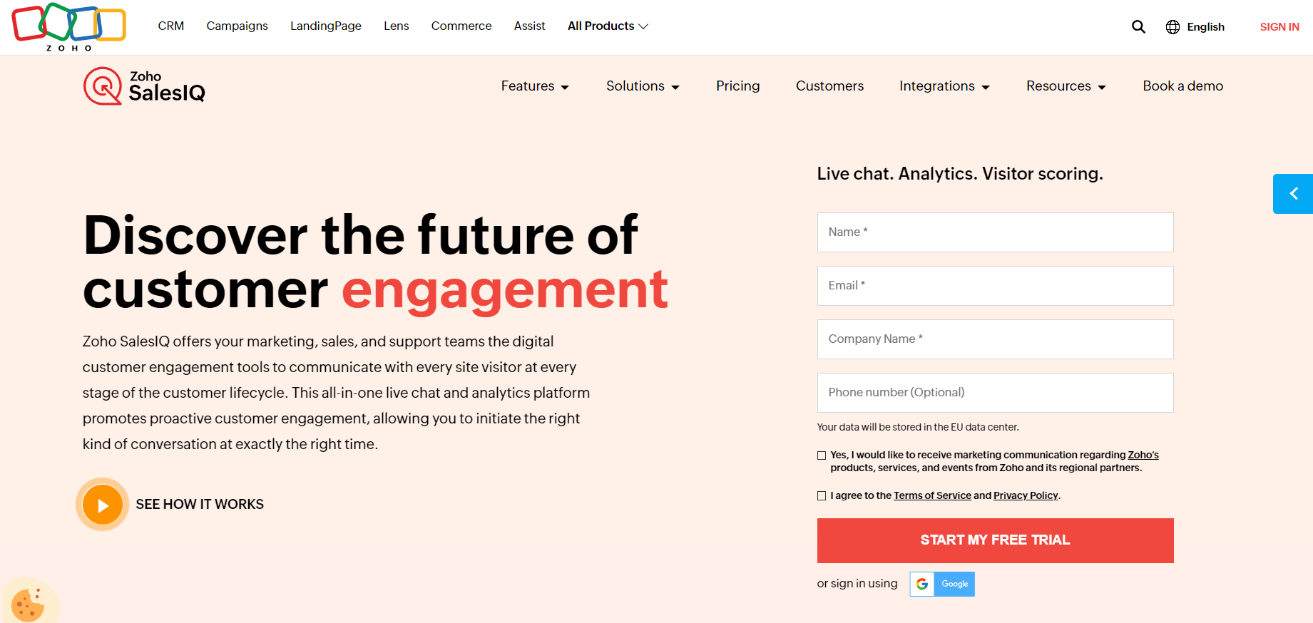 Page d'accueil de Zoho SalesIQ - logiciel de chat en direct pour le commerce électronique pour l'engagement client