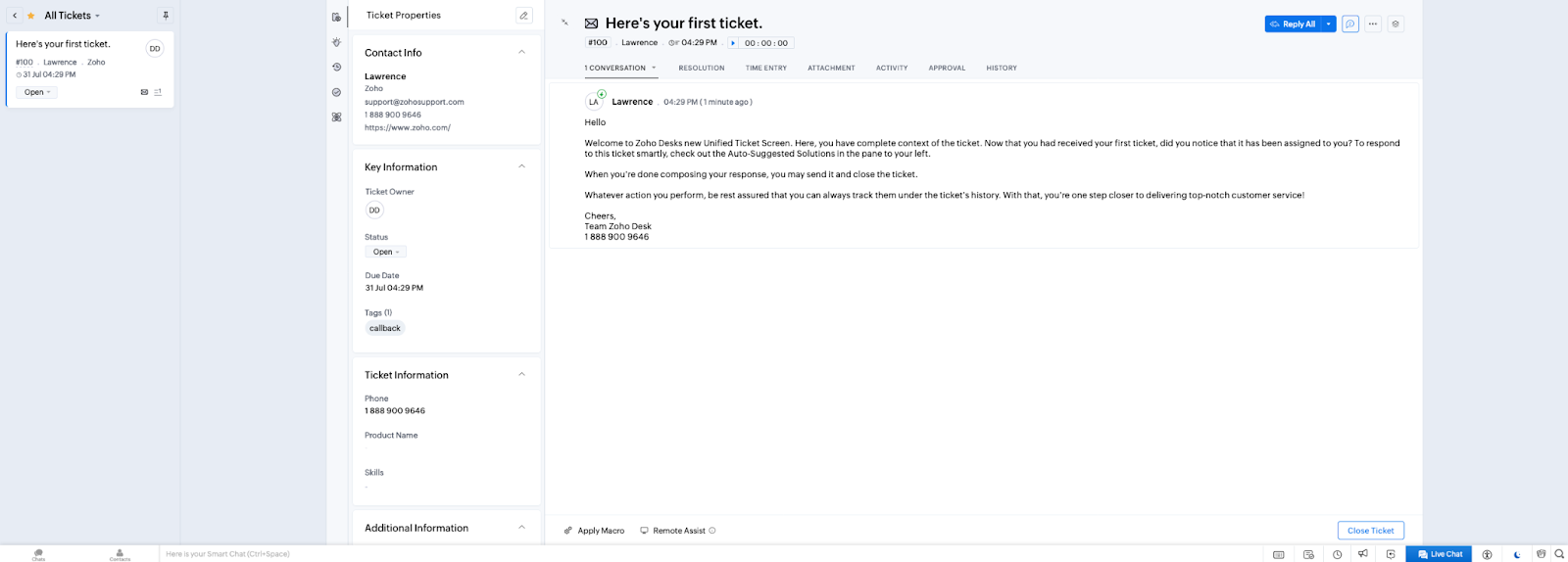 Environnement de tickets de Zoho Desk